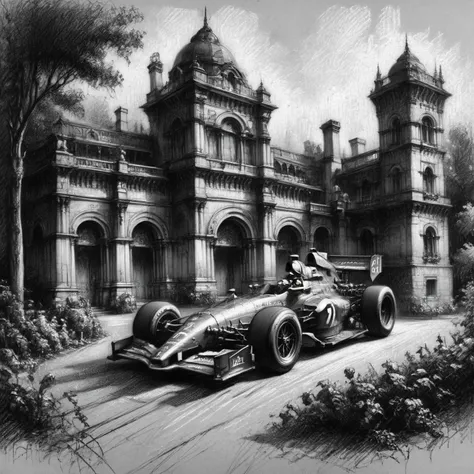 A modern F1 race car surrounded by a Victorian setting <lora:Renaissance_Drawing:1.0>, <lora:EnvyBetterHiresFixXL01:0:hr=1>
