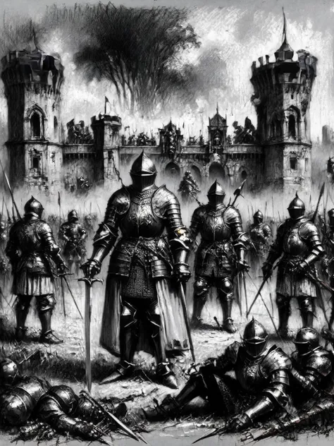 A dramatic battle scene with knights and archers, but upon closer inspection, their armor and weapons have subtle steampunk modifications <lora:Renaissance_Drawing:1>,<lora:EnvyBetterHiresFixXL01:0:hr=1>