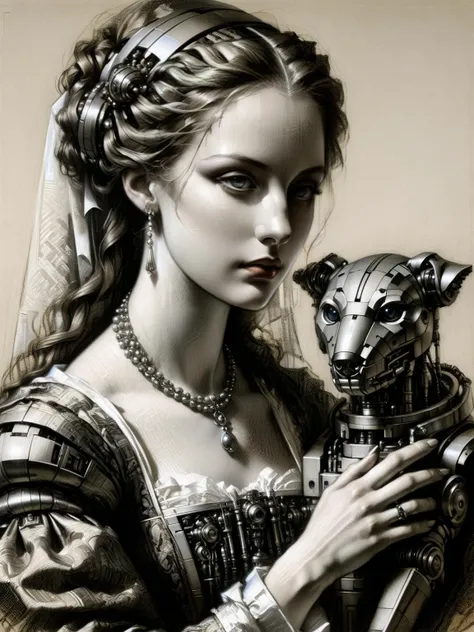A portrait of a noblewoman in classic attire, her gaze piercing, yet her hand rests on a futuristic robotic pet that sits loyally by her side <lora:Renaissance_style:1>,<lora:EnvyBetterHiresFixXL01:0:hr=1>
