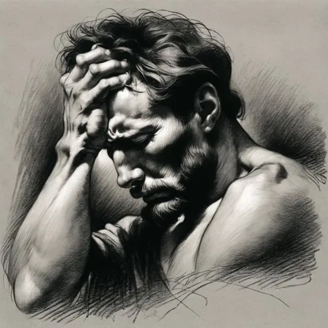a man crying . Hand on head <lora:Renaissance_style:1>