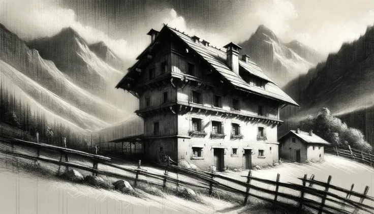 black and white Renaissance study works of a mountain house nestled in an alpine landscape <lora:Renaissance_style:1>