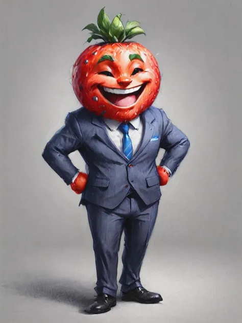 illustration of cartoon character anthropomorphic fruite smiling, (wearing a suite:1.4), dynamic pose, detailed, <lora:Renaissance_Drawing:1>