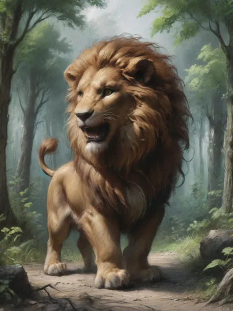 a cute cartoon character, a brave lion, exploring a magical forest, dynamic pose, ((masterpiece)), (best quality), detailed , <lora:Renaissance_Drawing:0.7>