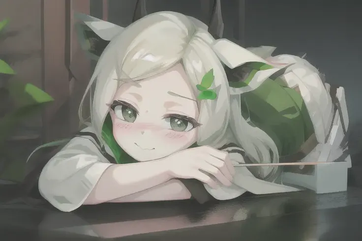 lying, slight smile, close up, blush, green eyes, libbie, <lora:libbie-15:0.8>