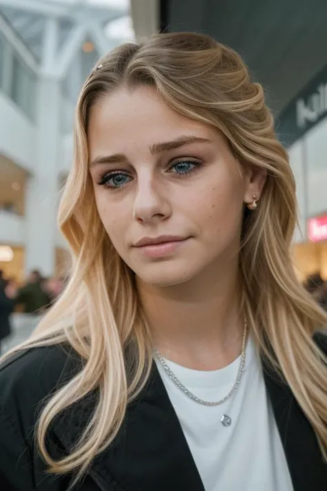 (RAW:1.2), st3ff1m, (blonde:0.25), candid, stunningly beautiful face, looking at viewer, stunning eyes, sad eyes, cool, upper body, at the crowded mall, people in the background, 8k uhd, fujifilm xt3