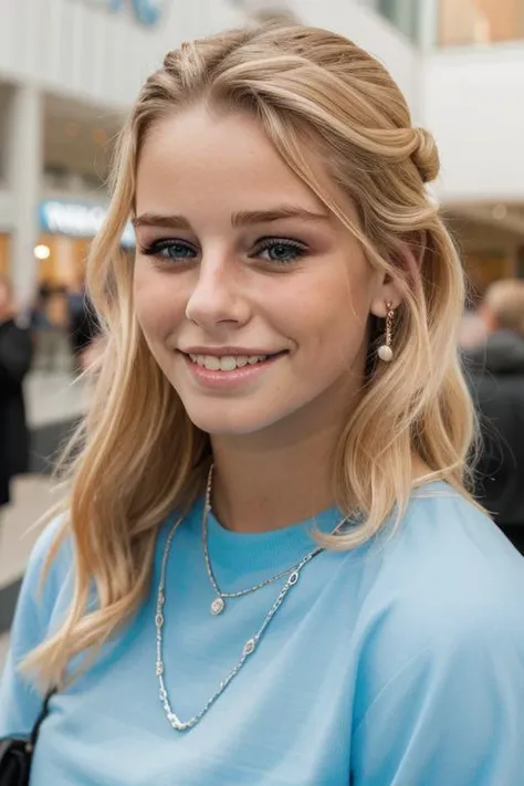 (RAW:1.2), st3ff1m, (blonde:0.25), candid, stunningly beautiful face, looking at viewer, stunning eyes, sad eyes, adorable smile, upper body, at the crowded mall, people in the background, 8k uhd, fujifilm xt3