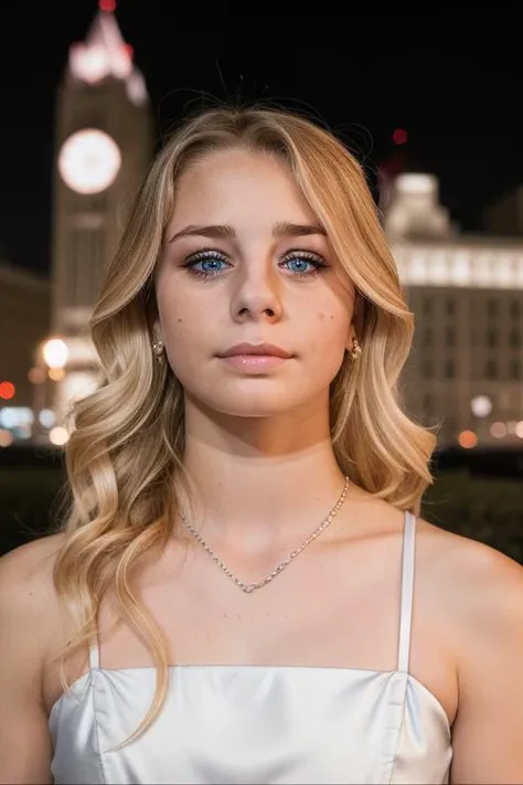 (RAW:1.2), st3ff1m, (blonde:0.25), candid, sad eyes, sadness, flush, glossy eyes, stunningly beautiful face, looking at viewer, stunning eyes, cool, upper body, night photography, downtown, stunning white silk outfit, 8k uhd