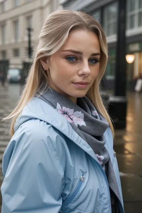 RAW, st3ff1m, (blonde:0.25), candid, stunningly beautiful face, looking at viewer, stunning eyes, upper body, cool, floral scarf, gray rain jacket, in rainy london city, overcast, 8k uhd