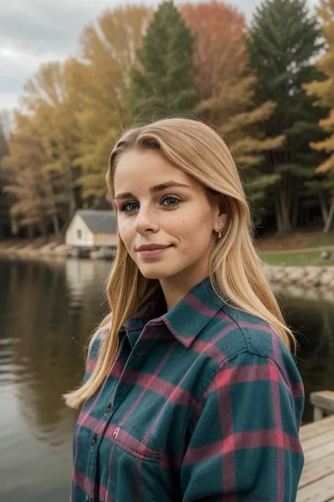 RAW, st3ff1m, (blonde:0.25), candid, stunningly beautiful face, looking at viewer, stunning eyes, upper body, red flannel shirt, autumn at the lake house cottage, 8k uhd