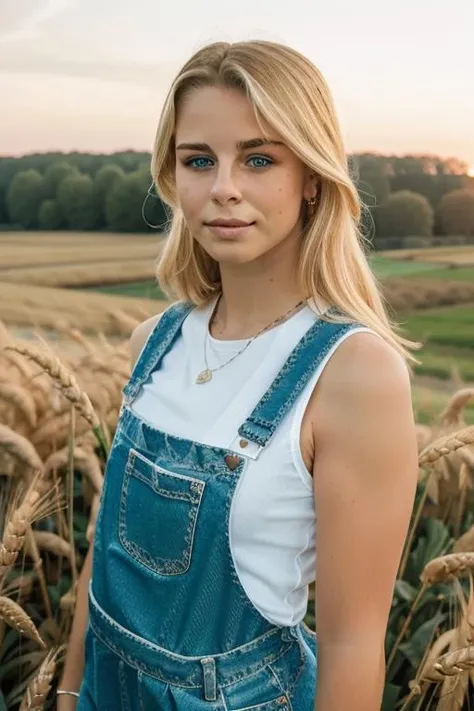 RAW, st3ff1m, (blonde:0.25), candid, stunningly beautiful face, looking at viewer, stunning eyes, upper body, cool, aeon flux, white tanktop, jean overalls, in the wheat fields, 8k uhd