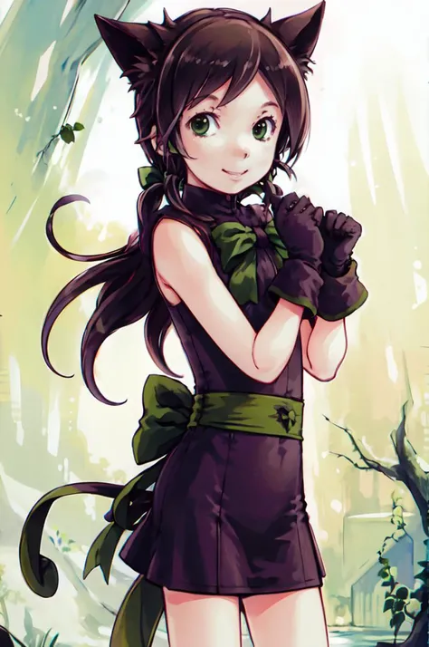 smile, <lora:RtPL-Rose:0.9> rose_(riviera), cat_ears, green_eyes, cat_tail, black_hair, green_bow, gloves, green ribbon, black_dress, sleeveless, <lora:Focke_wulf_style_v02:1>, ultra detailed, masterpiece, best quality,