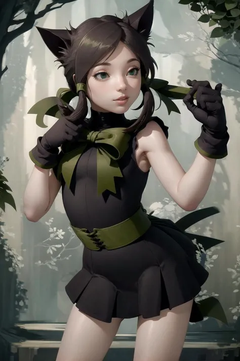 <lora:RtPL-RoseV1:1.0> rose_(riviera), cat_ears, green_eyes, cat_tail, black_hair, green_bow, gloves, green ribbon, black_dress, sleeveless,, beautiful, (masterpiece:1.2), (best quality:1.2), perfect eyes, perfect face,<lora:perfectfingers:1.0>