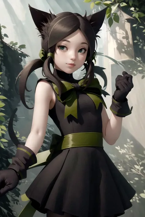 <lora:RtPL-RoseV1:1.0> rose_(riviera), cat_ears, green_eyes, cat_tail, black_hair, green_bow, gloves, green ribbon, black_dress, sleeveless,, beautiful, (masterpiece:1.2), (best quality:1.2), perfect eyes, perfect face,<lora:perfectfingers:1.0>