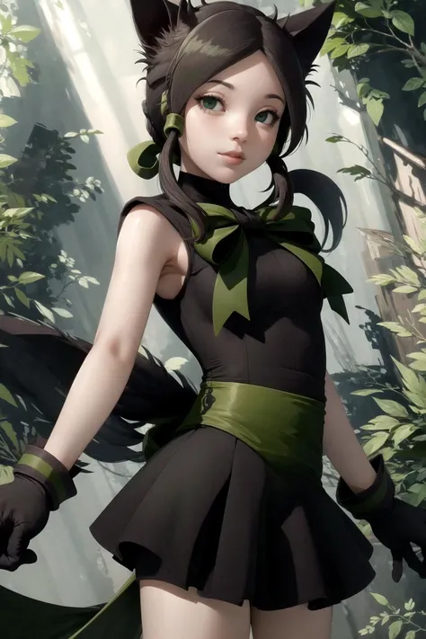 <lora:RtPL-RoseV1:1.0> rose_(riviera), cat_ears, green_eyes, cat_tail, black_hair, green_bow, gloves, green ribbon, black_dress, sleeveless,, beautiful, (masterpiece:1.2), (best quality:1.2), perfect eyes, perfect face,<lora:perfectfingers:1.0>