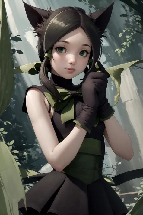 <lora:RtPL-RoseV1:1.0> rose_(riviera), cat_ears, green_eyes, cat_tail, black_hair, green_bow, gloves, green ribbon, black_dress, sleeveless,, beautiful, (masterpiece:1.2), (best quality:1.2), perfect eyes, perfect face,<lora:perfectfingers:1.0>