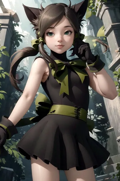 <lora:RtPL-RoseV1:1.0> rose_(riviera), cat_ears, green_eyes, cat_tail, black_hair, green_bow, gloves, green ribbon, black_dress, sleeveless,, beautiful, (masterpiece:1.2), (best quality:1.2), perfect eyes, perfect face,<lora:perfectfingers:1.0>