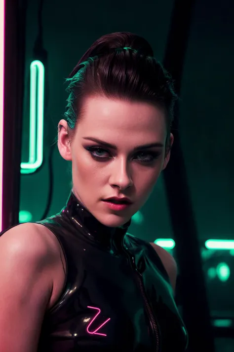 photo of krs woman, slicked back hair, futuristic makeup, (neon light:1.25) <lora:KristenStewartDogu:0.8>