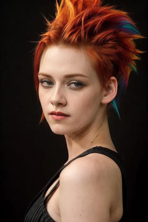 masterpiece, stunning portrait photo of krs, by Flora Borsi, style by Flora Borsi, bold, bright colours, (rainbow Mohawk hair:1.22), (Flora Borsi), <lora:KristenStewartDogu:1>