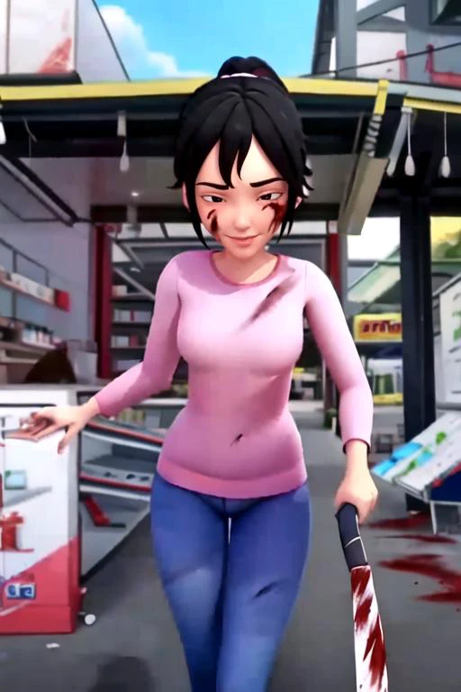 (masterpiece, best quality), (good anatomy, good proportion, detailed face),
<lora:KakRose(UpinDanIpin):0.9> 1girl, solo, long hair, ponytail, black hair, black eyes, pink shirt, long sleeves, blue pants, pink hair tie, tied hair, holding weapon, holding knife, blood on weapon, blood on face, blood splatter, crime scene, walking to viewer, smile, closed eyes,
