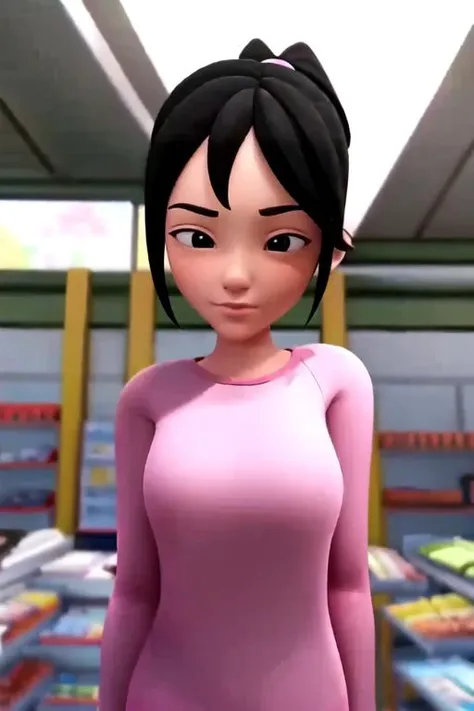 (masterpiece, best quality), (good anatomy, good proportion, detailed face), <lora:KakRose(UpinDanIpin):1> 1girl, solo, long hair, ponytail, black hair, black eyes, pink shirt, pink hair tie, tied hair, upper body,