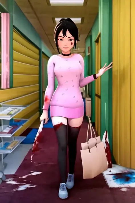 (masterpiece, best quality), (good anatomy, good proportion, detailed face),
<lora:KakRose(UpinDanIpin):0.9> 1girl, solo, long hair, ponytail, black hair, black eyes, tied hair, holding weapon, holding knife, blood on weapon, blood on face, blood splatter, crime scene, walking to viewer, smile,
choker, thighhighs, school uniform, dead bodies, shoes, white shirt, skirt, hallway, school hallway,