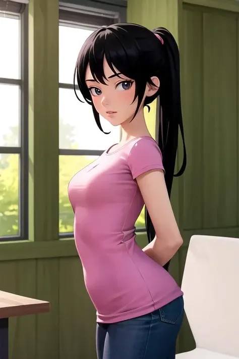 (masterpiece, best quality), (good anatomy, good proportion, detailed face), <lora:KakRose(UpinDanIpin):0.6> 1girl, solo, long hair, ponytail, black hair, black eyes, pink shirt, pink hair tie, tied hair, looking at viewer, arm behind back,