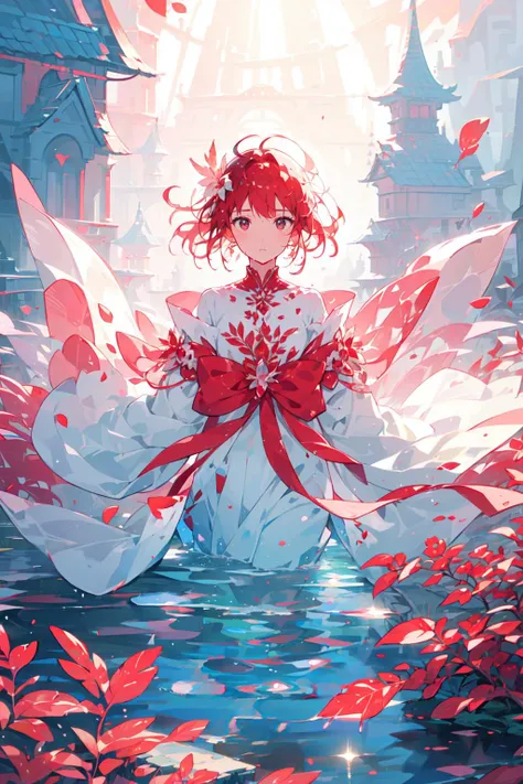 <lora:redcrystal-nvwls-v1:1>,redcrystal,1girl,red hair,red eyes,solo,flower,looking at viewer,hair ornament,architecture,petals,japanese clothes,hair flower,bangs,short hair,east asian architecture,kimono,bow,water,red flower,white kimono,red bow,closed mouth,outdoors,standing,long sleeves,wide sleeves,smile,sleeves past fingers,sleeves past wrists,