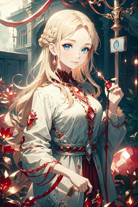 <lora:redcrystal-nvwls-v1:0.9> redcrystal, red theme,  <lora:pearl-style-darquelilly-v2:1> pearlstyle,, ultra detailed, masterpiece, best quality, aesthetic, detailed,, solo, soft smile, light smile,
1girl, blue eyes, very long hair, blonde hair, long blonde hair, french braid, bangs, medium breasts,