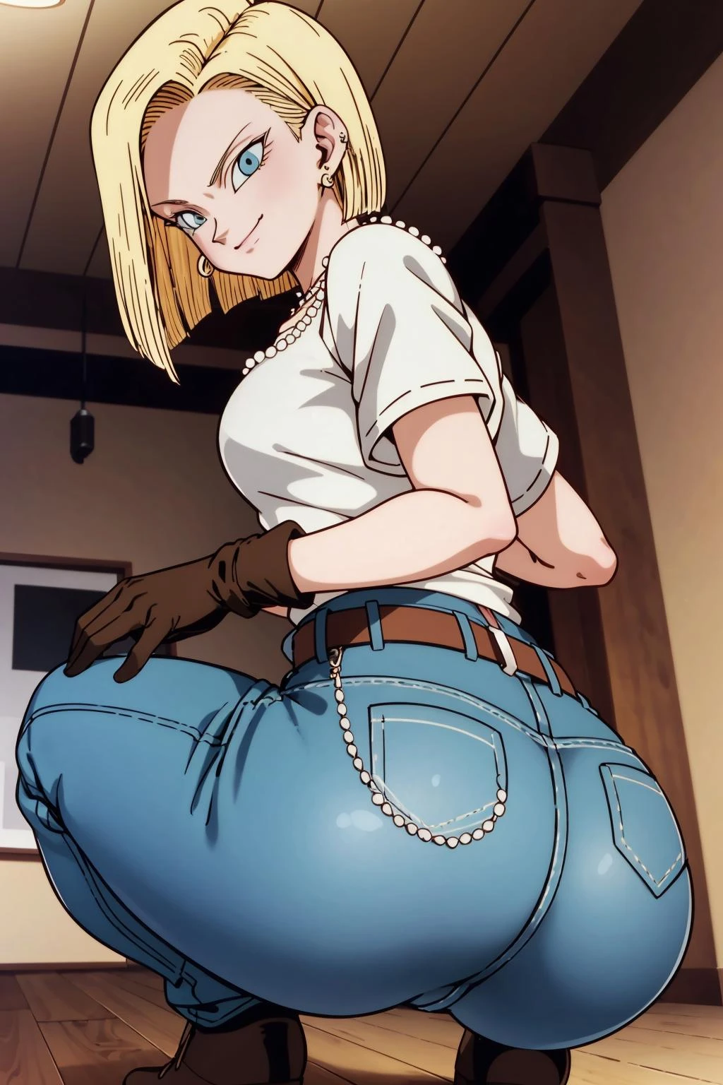 anime coloring, 1girl, solo, sitting, squatting, spread legs, looking back, ass, photo_focus, (naughty face, seductive smile:1.05), android18_dbz, jewelry, necklace, shirt, earrings, pearl necklace, gloves, belt, denim
<lora:character_android 18_dragon ball z epoch2:0.8>