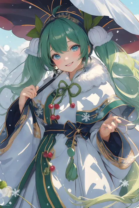 mksks style, detailed, extremely detailed, masterpiece, best quality, illustration, intricate details, sidelighting, highres, yuki miku 2015,
1girl, solo, lily of the valley, snowflake print, smile, long hair, capelet, twintails, flower, white background, very long hair, fur trim, looking at viewer, headset, dress, green hair, hairband, white dress, white capelet, blue eyes, simple background, fur-trimmed capelet, ahoge, hair ornament, long sleeves, wide sleeves, leaf umbrella, ribbon, neck ribbon, wide sleeves, ainu clothes, chinese commentary, cherry, fur-trimmed capelet ,snowy field, outdoor,
<lora:yuki_miku_2015:0.8> <lora:bingril:0.3> bingirl
