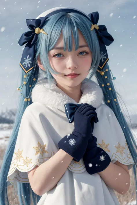 mksks style, masterpiece, best quality, sidelighting, highres,snowy field, snow,
yuki miku (2021), 1girl, blue gloves, book, white headwear, blue hair, twintails, musical note hair ornament, gloves, beret, hat, bow, solo, blue eyes, long hair, musical note, capelet, white capelet, braid, light blue hair, snowflake print, blue bow, hair ornament, braided bangs, looking at viewer, hair bow, upper body, white dress, fur trim, fur-trimmed capelet, treble clef, gold trim, dress, very long hair, bowtie, tabard, lily of the valley,
<lora:yuki_miku_2021:0.8>