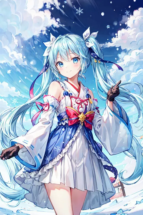 masterpiece,high resolution,detailed, best quality, ultra-detailed, illustration, an extremely delicate and beautiful, Beautiful Finger,(five fingers),
1girl, solo, light smile,
<lora:add_detail:0.6>,<lora:epi_noiseoffset2:1.5>,<lora:hipoly_3dcg_v7-epoch:0.2:NF>,
<lora:Yuki_miku:1>,Yuki Miku, blue hair, blue eyes,detached sleeves,snow,snowflakes,very long hair,Yuki Miku \(2021\),white collar,gem,twintails,frills,pleated skirt,jewelry,wide sleeves,hair ribbon,bare shoulders ,long sleeves,Hatsune miku,Japanese clothes,snowflake print,gloves ,white gloves ,blue dress,
horizon,sky,cloud.sunlight,day,(snow),(winter), waving,