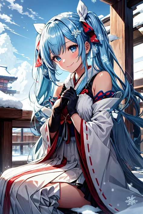 masterpiece,high resolution,detailed, best quality, ultra-detailed, illustration, an extremely delicate and beautiful,
1girl, solo, light smile,
<lora:add_detail:0.6>,<lora:epi_noiseoffset2:1.5>,
<lora:Yuki_miku:1>,Yuki Miku, blue hair, blue eyes,detached sleeves,snow,snowflakes,very long hair,Yuki Miku \(2021\),white collar,gem,twintails,frills,pleated skirt,jewelry,wide sleeves,hair ribbon,bare shoulders ,long sleeves,Japanese clothes,snowflake print,gloves ,white gloves ,blue dress,
horizon,sky,cloud.sunlight,day,(snow),(winter),((sitting on lap))