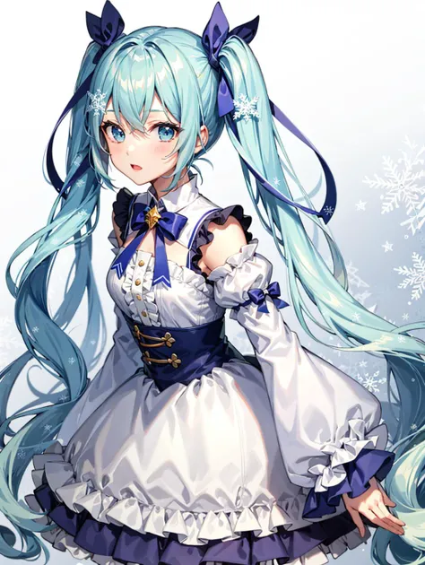 1girl, solo, Yuki Miku, long hair, twintails, (light blue hair:1.2), blue eyes, ((snowflake_print)), snowflake_hair_ornament, detached sleeves, puffy sleeves, puffy detached sleeves, <lora:epiNoiseoffset_v2:1.25>, musical note hair ornament, frills, light blue dress, white pantyhose, Japanese clothes, <lora:Yuki_miku-03:1.15>, center frills, best quality, blue gloves, blue bow, hair bow,