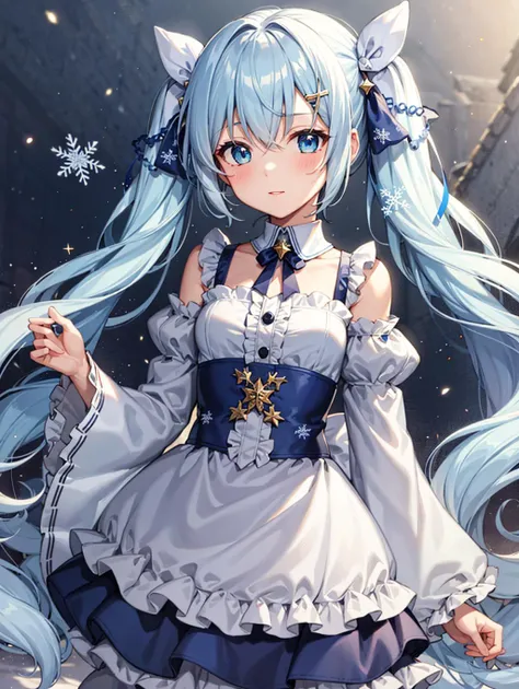 1girl, solo, Yuki Miku, long hair, twintails, (blue hair:1.2), (white hair:1.1), light blue hair, (((gradient_hair))), blue eyes, snowflake_print, snowflake_hair_ornament, detached sleeves, puffy sleeves,<lora:epiNoiseoffset_v2:1.25>, musical note hair ornament, frills, blue dress, white pantyhose, Japanese clothes,  <lora:Yuki_miku-03:1>