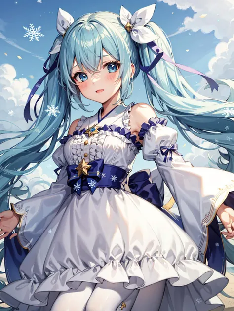 1girl, solo, Yuki Miku, long hair, twintails, (light blue hair:1.2), blue eyes, ((snowflake_print)), snowflake_hair_ornament, detached sleeves, puffy sleeves, puffy detached sleeves, <lora:epiNoiseoffset_v2:1.25>, musical note hair ornament, frills, light blue dress, white pantyhose, Japanese clothes, <lora:Yuki_miku-03:1.15>, center frills, best quality,