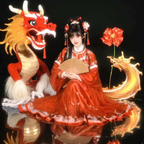longnianhao,long1, 1girl, hand fan, black hair, reflection, dragon, holding, hair ornament, flower, holding fan, black background, solo, long sleeves, sitting, eastern dragon, bangs, chinese clothes, reflective floor, looking at viewer, folding fan, barefoot, dress, animal, long hair, tassel, red dress, wide sleeves, fox,  blunt bangs, paper fan, jewelry, hair flower, water <lora:longnianhaosdxl-000010:0.8>