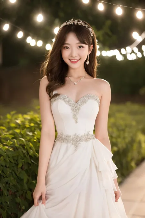 1girl, (looking at viewer), (bokeh:1.1), closed mouth,light smile, realistic, meditation,starry sky,night, strapless dress, skirt,wavy hair, best quality, (photorealistic:1.4), ultra highres, style-bridal, <lyco:nene:1>,