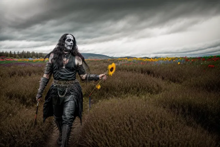 RAW photo, 1 man, black metal guy smiling,gothic makeup, gothic pauldrons,<lora:blckmtl:0.8> blckmtl, spiked, walk in a in a colorful flower field, blue sky, sunny sky, colored field, colored flowers, 8k uhd, dslr, soft lighting, high quality, film grain, Fujifilm XT3 , realistic flowers, <lora:add_detail:0.8>