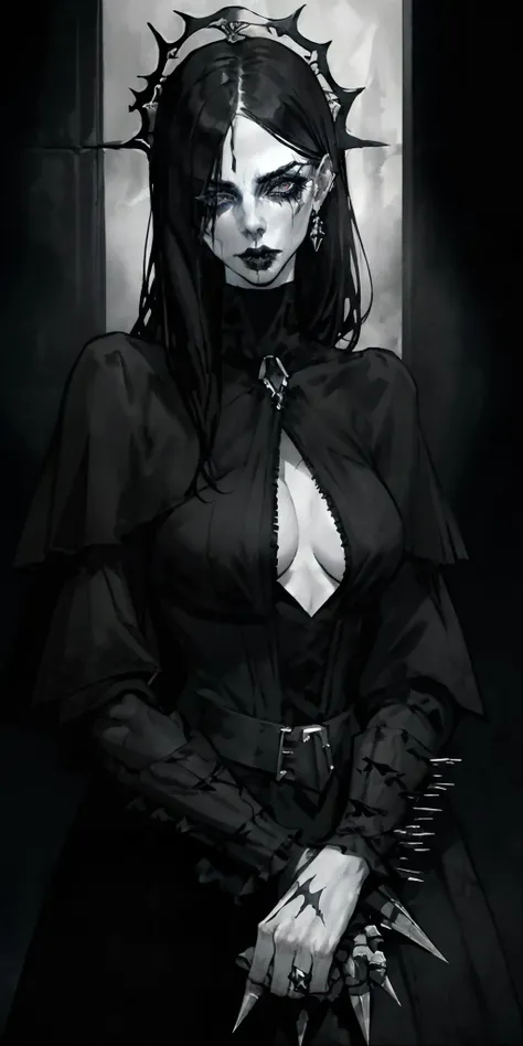 <lora:blackmetaloutfit:0.5> beautiful goth woman, black hair, pale white skin, wearing blackmetaloutfit, smoke, eerie atmosphere, cowboy shot, solo, masterpiece, highres, shallow depth of field, sharp focus