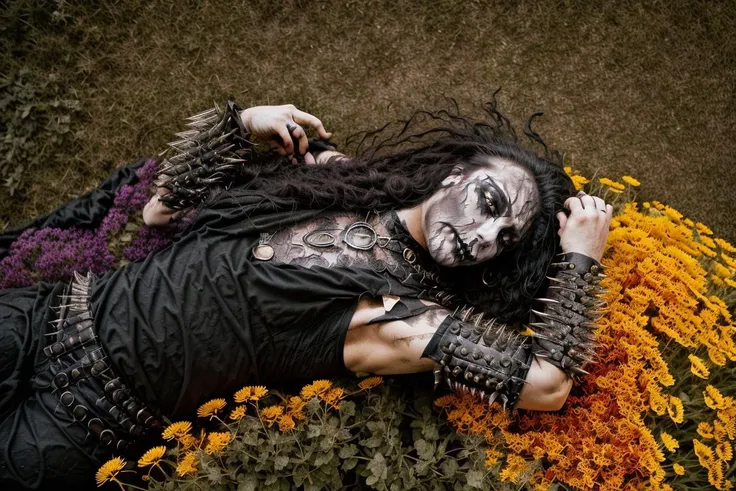 RAW photo, 1 man, view from above, black metal guy, (gothic makeup), gothic pauldrons,<lora:blckmtl:0.8> blckmtl, spiked, ((lying in a colorful flower field)), colored flowers, 8k uhd, dslr, soft lighting, high quality, film grain, Fujifilm XT3 , realistic flowers, <lora:add_detail:0.8>