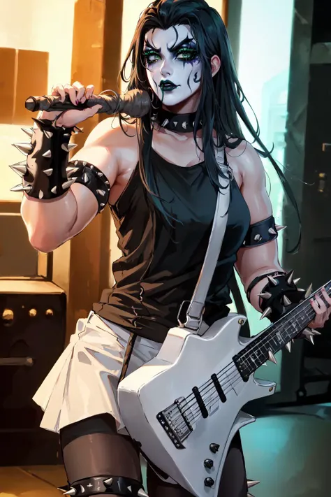 (masterpiece, best quality, high quality, highres:1.4), detailed, extremely detailed, 4K, perfect eyes, perfect face, (green eyes:1.2), (blckmtl, makeup, white face:1.3) <lora:blackMetalOutfitBy_v10:0.5>