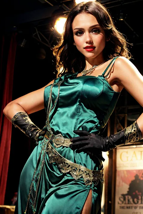 <lora:Jessica_Alba-by_garand:0.9> a stunningly beautiful diva with fingerweave long black hair, on stage, perfect beautiful face, detailed eyes, (1920s theatre:1.2), stage lights, rim lighting, diva attire, peacock pattern, long black hair,, (arm-length long gloves:1.4), wearing a beautiful 1920s style (iridescent green, form-fitting:1.2) silk dress, headband with a single long feather
closed mouth, smile, posing with both hands on her hip, elegant pose,
1920s theatre, front view, three quarter shot, (masterpiece, best quality, highest quality, 8k, uhd, highly detailed, intricate details:1.4)