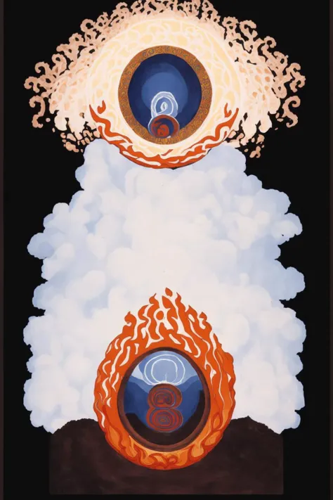 a painting of a person in a circle surrounded by clouds , solo, cloud, no humans, fire, mountain, sun
