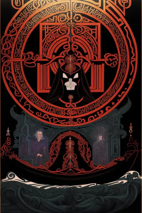 a painting of a woman in a dark room holding a clock in her hands and a red hood on her head and a black robe on her head , Alasdair Gray, comic cover art, a gouache, metaphysical painting , a painting of a boat with a man in it , english text, no humans, watercraft, waves, boat