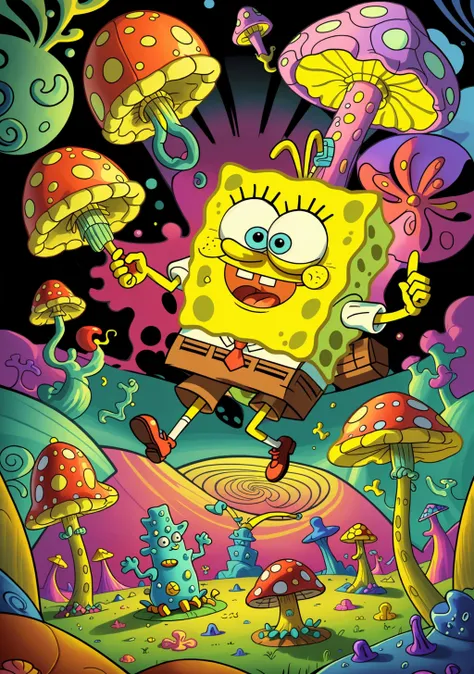 Dramatic wide shot illustration of spongebob spongebob square pants tripping on LSD, mushrooms, psilocybin, trippy, psychedelic, hallucinogen, <lora:SpongeBob123023:0.5>