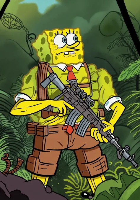 Dramatic illustration of spongebob spongebob square pants wearing military uniform holding an M-16 machine gun in the jungle, <lora:SpongeBob123023:0.7>