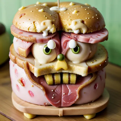 A pink meaty Spongebob squarepants  as SpamBob Squarepants(<lora:SpongeBob-01282024:0.3> Pink meaty Spongebob Made out of spam,