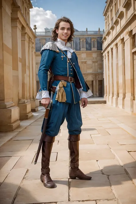 courtyard of the Palace of Versailles, standing, smiling, CFEli2, is fmusketeer, weapon, holding weapon, (male focus), (((full body portrait))), wide angle   <lora:CFEli2:0.8>  <lora:musketeer:1>