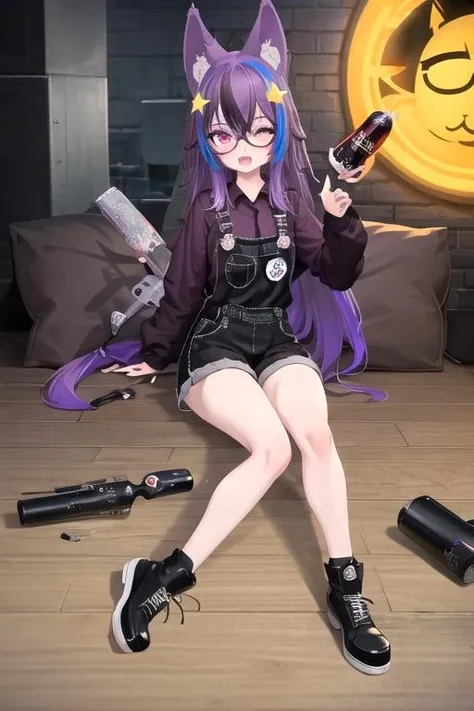 best quality, (masterpiece),(ultra-detailed), (high quality), (high resolution), <lora:kiannyvt:0.7>,kiannyvt, long sleeves, round eyewear, drooling, black-framed eyewear, smile, animal ears, one eye closed, watermark, star hair ornament, virtual youtuber, purple hair, open mouth, shirt, tail, controller, glasses, holding, fox girl, blush, hair ornament, fox tail, streaked hair, long hair, can, multicolored hair, fang, looking at viewer, twitter username, sitting, black footwear, bottle, halftone, game controller, 1girl, solo, animal ear fluff, coca-cola, shoes, star (symbol), bangs, purple eyes, overalls, fox ears